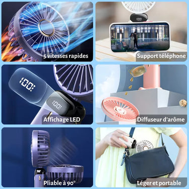 Ventilateur de poche multifonction avec 5 vitesses rapides, support téléphone, affichage LED, diffuseur d'arÎme, design pliable à 90°, et léger pour une portabilité maximale.